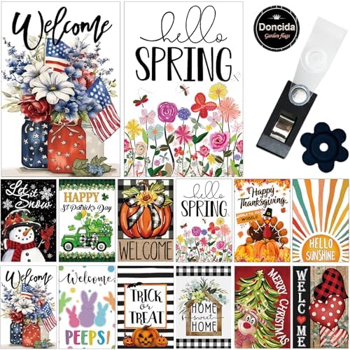 Doncida Seasonal Garden Flags Set of 12 Double Sided Double Stitching 12x18 Inch, Spring Summer 4th of July Yard Flags for Outside Decor, Includes Free Anti-Wind Clip and Stopper