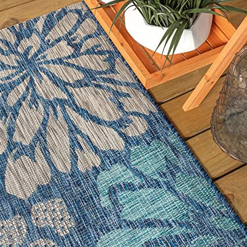 JONATHAN Y SMB110C-5 Zinnia Modern Floral Textured Weave Indoor Outdoor Area-Rug Bohemian Coastal Easy-Cleaning Bedroom Kitchen Backyard Patio Non Shedding, 5 X 8, Navy/Aqua