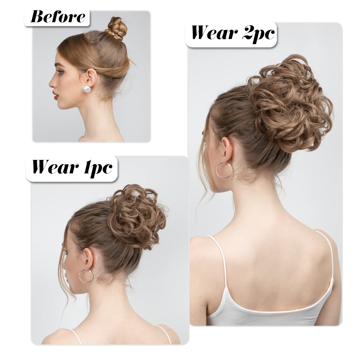 SARLA 2PCS Messy Hair Bun Hair Pieces Wavy Curly Synthetic Updo Fake Scrunchies Ponytail Extension for Women Dark Brown/Beach Blonde Highlight