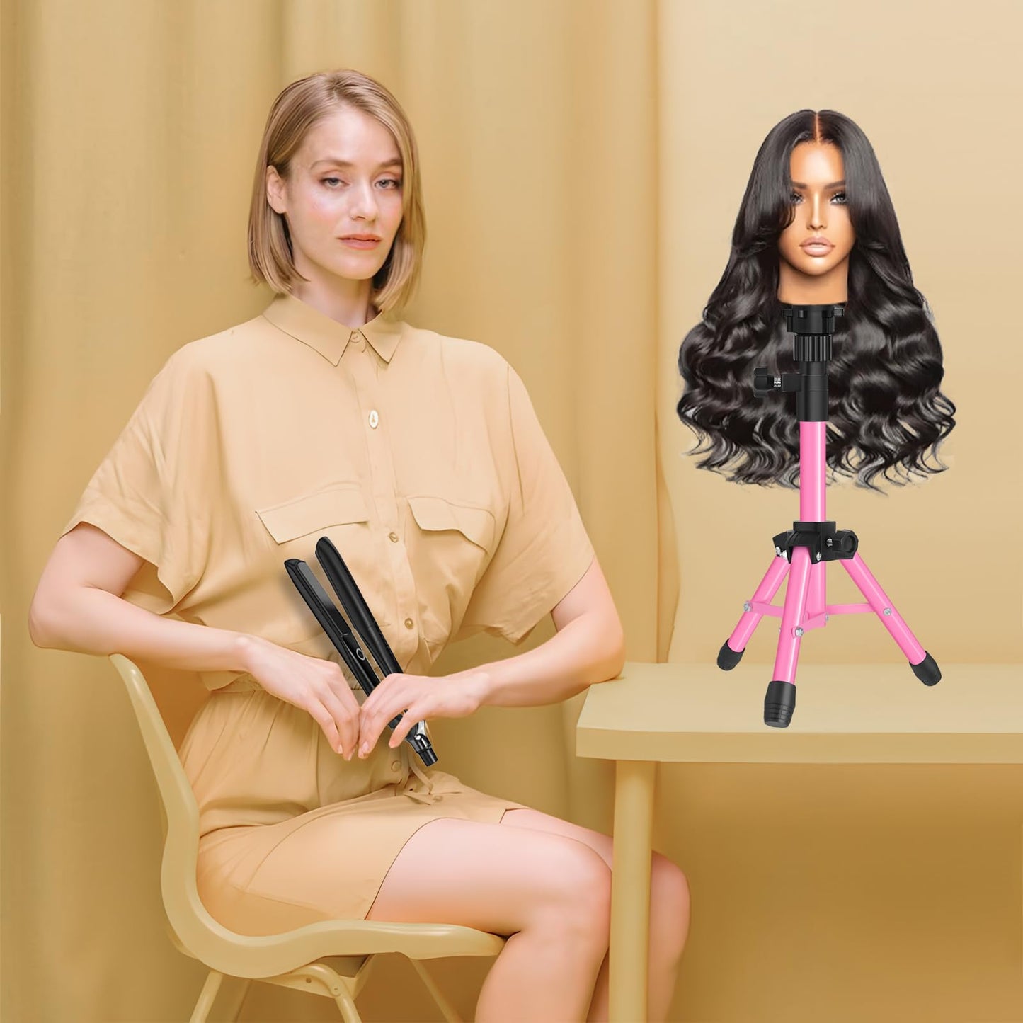 ZQIAN BEAUTY MINI Wig Stand Tripod, 25 Inch Adjustable Mannequin Head Stand, Wig Head Stand for Training Heads And Canvas Block Head (Pink, Mannequin Head Not Included)