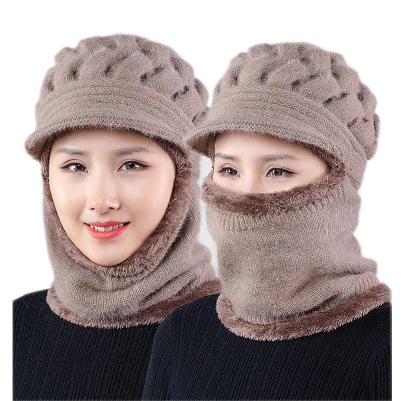 Womens Winter Warm Elastic Soft Ear Protection Knitted Scarf Mask hat Fleece Lined Beanie Hat one-Piece hat