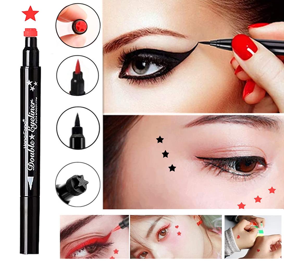 Go Ho 2PCS Waterproof Eyeliner Stamps,Red and Black Star Stamp Eye Liner,Double-side Long-lasting Liquid Eyeliner,Eye Face Tattoo Tools with Black&Red Star-shaped Fun Makeup