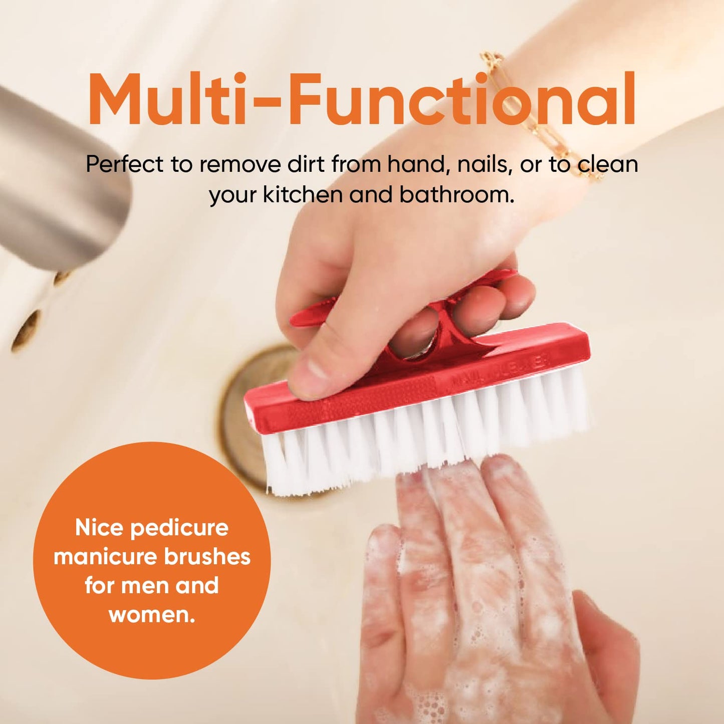 Superio Nail Brush Set (6 Pack) Cleaner with Handle, Durable Brush Scrubber to Clean Toes, Fingernails, Hand Scrubber All Surface Cleaning, Heavy Duty Scrub Brush Stiff Bristles (Red- White- Blue)