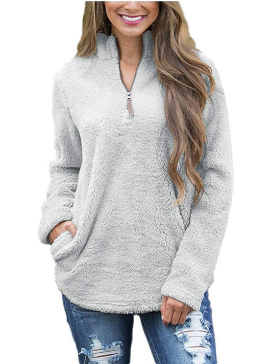 FOURSTEEDS Women's Fuzzy Fur Sherpa Lined Warm Winter Pullover Thermal Sweatshirt Tunic Tops Light Gray XS