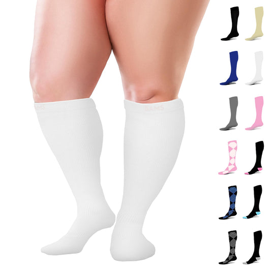 BAMS Plus Size Compression Socks Wide Calf XL XXL XXXL – Graduated Knee-High Support, Viscose from Bamboo Easy-On/Easy-Off (White, 3XL)