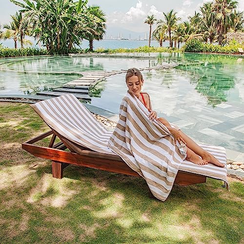 Arkwright California Chaise Lounge Cover - Pack of 2 - Striped Soft Cotton Cabana Towel with Pocket Holder for Beach Pool Outdoor Chair, 30 x 85 in., Beige