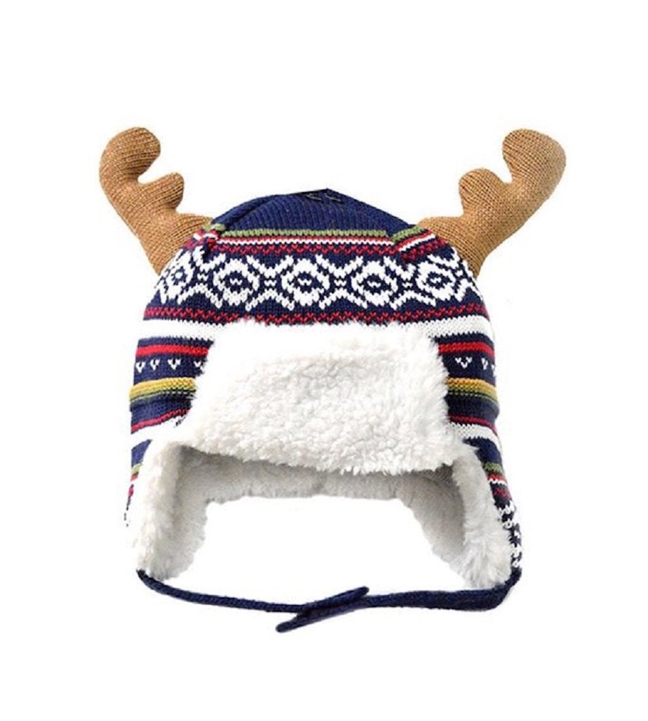 Home Prefer Baby Toddler Boys Winter Hats Warm Cotton Knitted Skull Caps with Earflaps Elk Horn Hat L 2-4T Blue