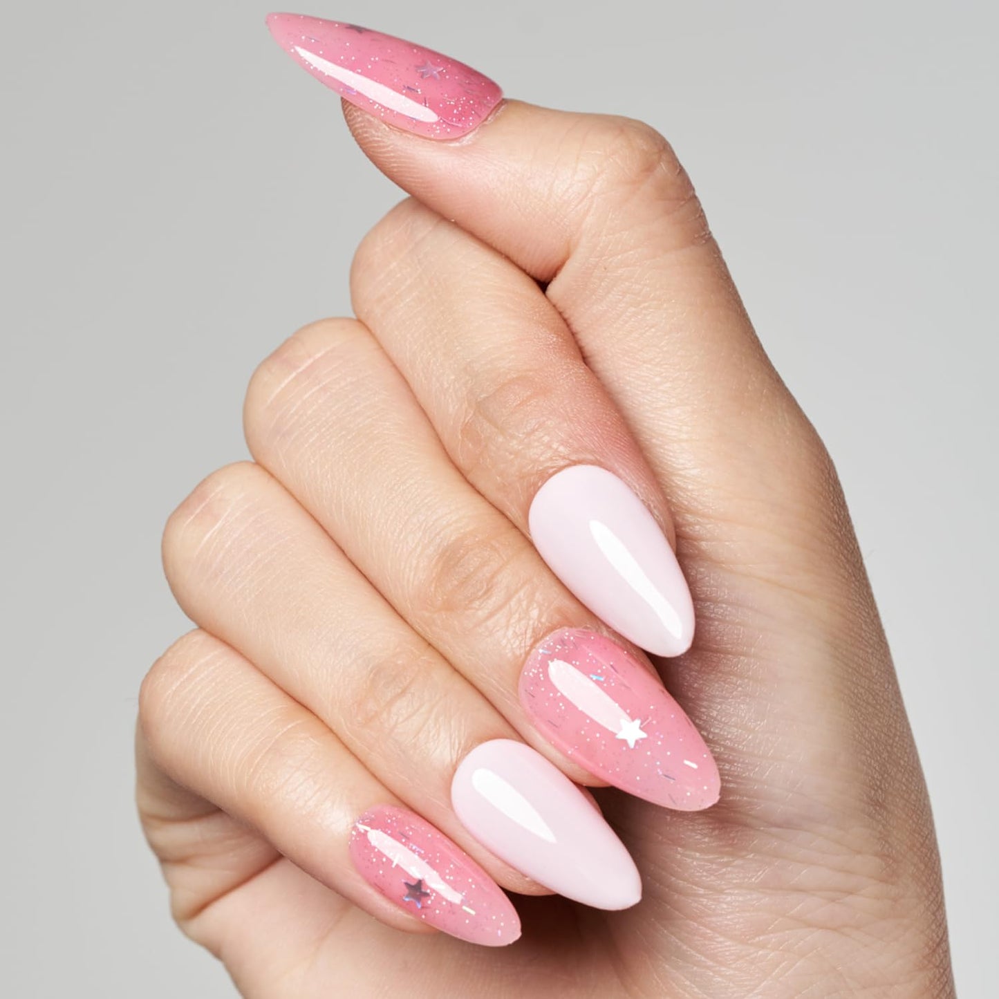 GLAMERMAID Light Pink Press on Nails Medium Almond, Natural Glitter Pink Crush Nails, Stiletto Fake Nails With Stars, Short Oval Stick Glue on Nails Tips for Women, Reusable Acrylic False Nail Kits