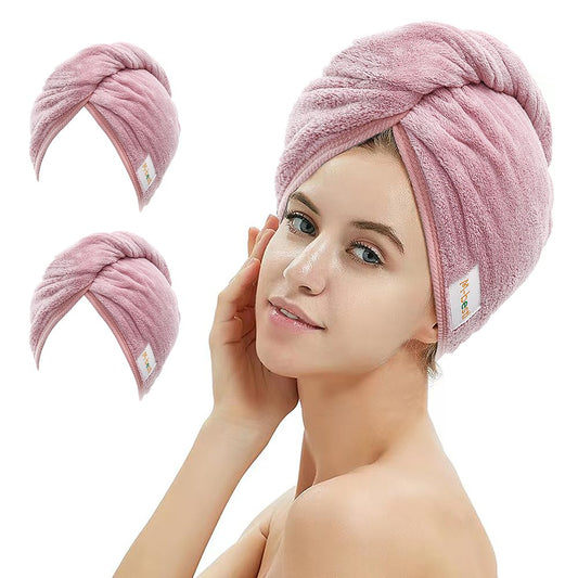 M-bestl 2 Pack Microfiber Hair Towel Wrap,Hair Drying Towel with Button Design,Head Towel to Dry Curly Hair Quickly (Bean Pink)