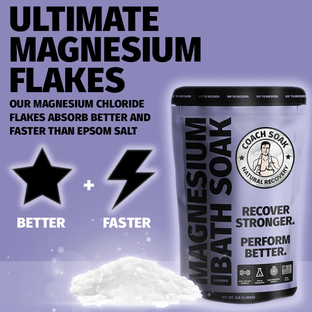 Coach Soak Recovery Bath Soak - Faster Absorption Than Epsom Salt for Pain - Rejuvenating Magnesium Flakes with 21 Minerals, Essential Oils & Bath Salts, 3lbs (Calming Lavender)