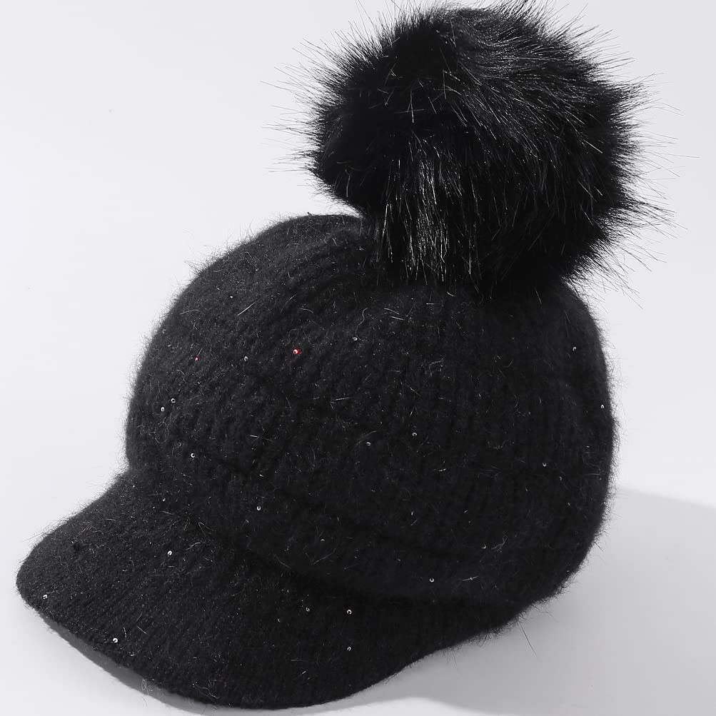 Fleece Lined Beanie Hats with Visor Brim Winter Knit Ski Cap Women Pom Pom Ball (Black)