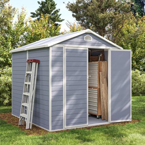 Aoxun 6 x 8 FT Outdoor Storage Shed with Window, Resin Shed with Floor & Lockable Doors, Garden Shed Waterproof Plastic Tool Shed with Sloped Roof for Backyard, Garden, Patio, Lawn, Grey