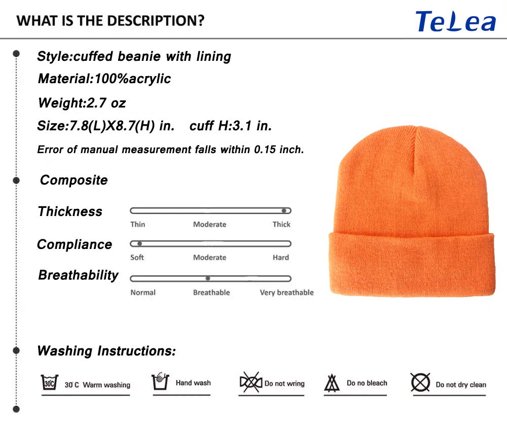 Telea Thick Winter Warm Cuffed Beanie with Soft Lining Adult Size for Men and Women Orange