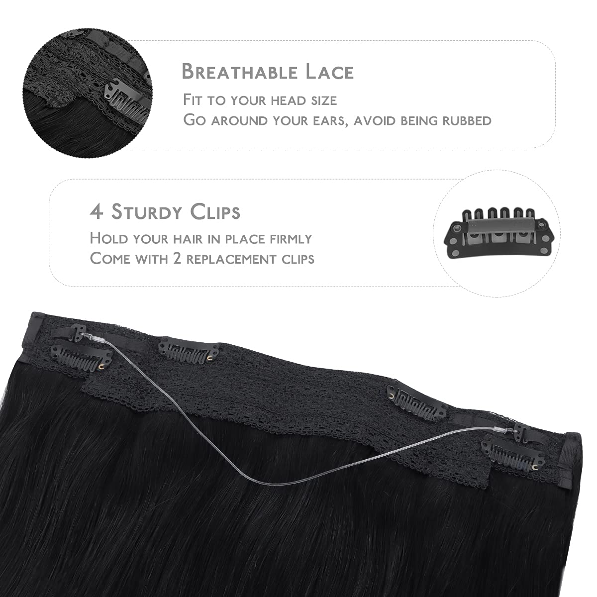 WENNALIFE Wire Hair Extensions (Increase 50% Lifespan) Real Human Hair 20 inch 110g Jet Black Remy Hair Extensions Invisible Transparent Wire Fish Line Hair Extensions Straight Real Hair Extensions