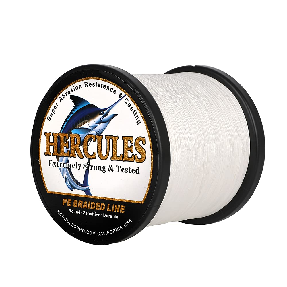 HERCULES Braided Fishing Line 12 Strands, 100-2000m 109-2196 Yards Braid Fish Line, 10lbs-420lbs Test PE Lines for Saltwater Freshwater - White, 10lbs, 100m