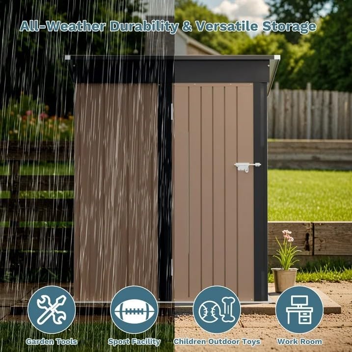 Greesum 5×3 FT Outdoor Storage Shed, Metal Storaged Sheds Without Floor, Tool Sheds with Lockable Doors and Sloping Roof for Garden, Patio, Backyard, Brown