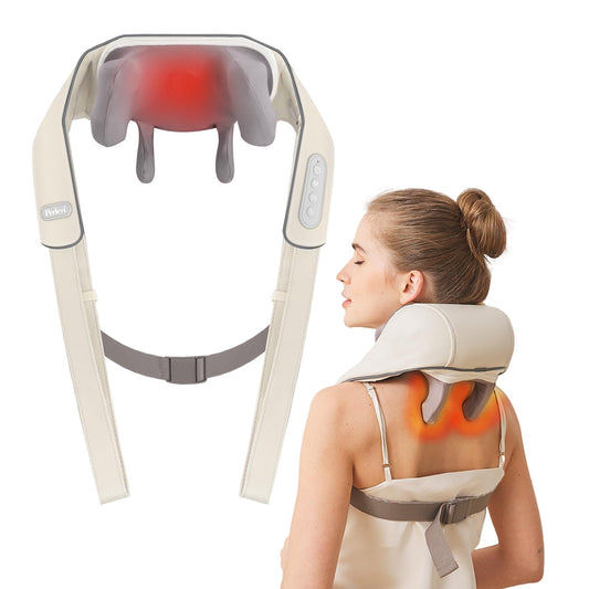 PERLEVI Neck Massager for Pain Relief deep Tissue Relieves Tension Kneading Massager with Heat Improves Circulation Eases Muscle Soreness,Ideal Gifts(Beige)