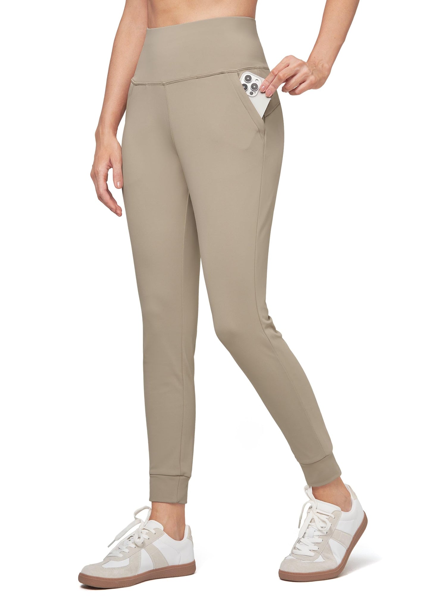 Willit Women's Fleece Lined Jogger Pants Zipper Pockets Water Resistant Winter Hiking Sweatpants Thermal Running High Waisted Khaki XXL