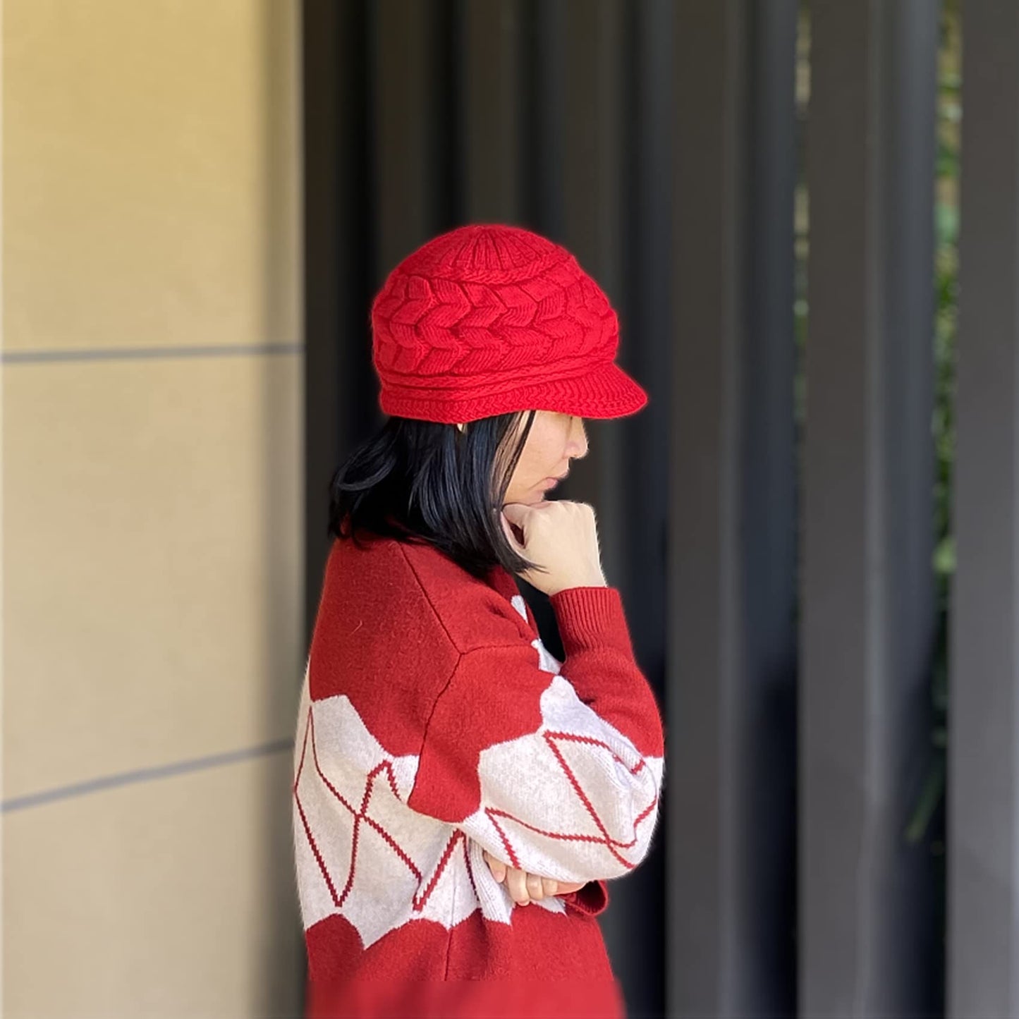 Womens Winter Hats, Wool Beanie for Women with Visor, Ladies Warm Knitted Hat for Fall & Cold Weather Knit Caps W-WS-H1 (US, Alpha, Medium, Set 2 - Black & Burgundy)