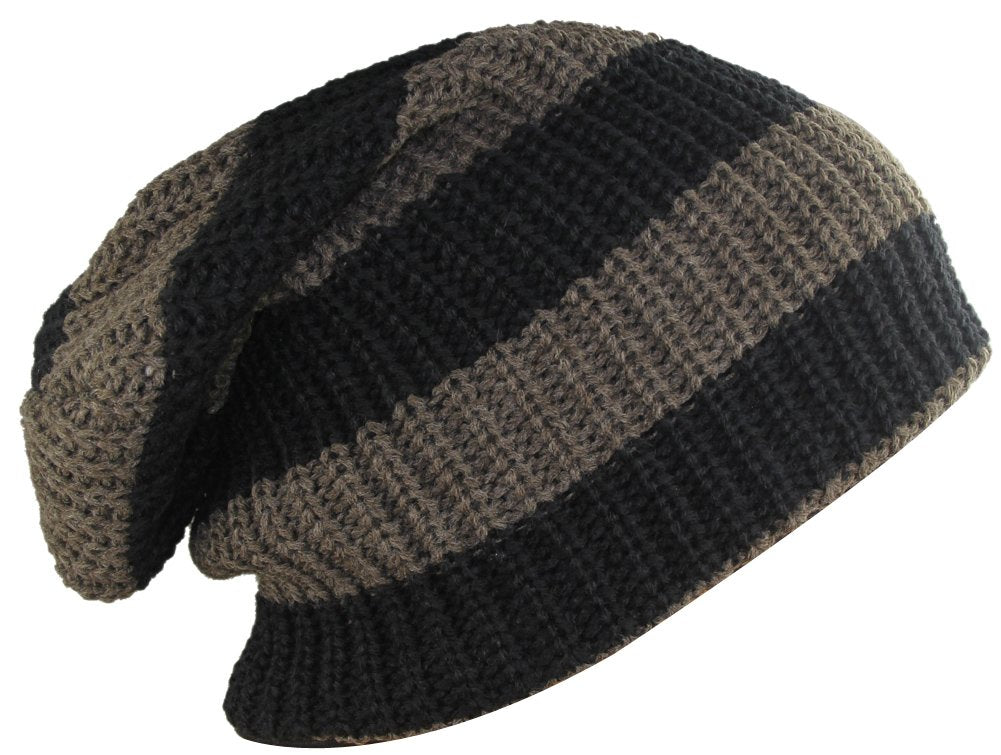 MINAKOLIFE Mens Striped Slouch Large Beanie Warm Skull Cap Hat Oversize (Black)