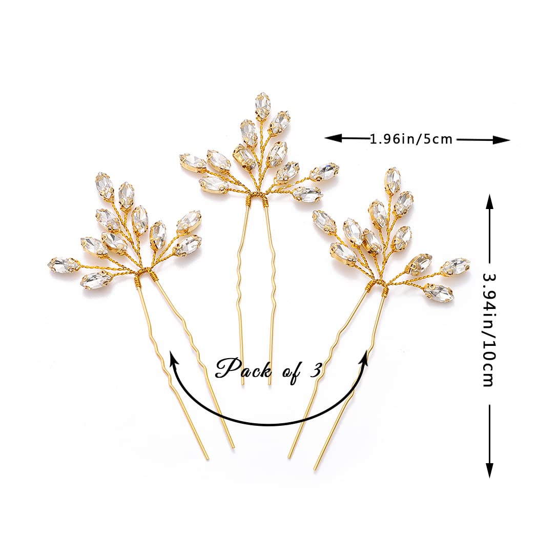 Heread Crystal Bride Wedding Hair Pins Rhinstones Bridal Hair Accessories Head Piece for Women and Girls (Pack of 3) (C Gold)