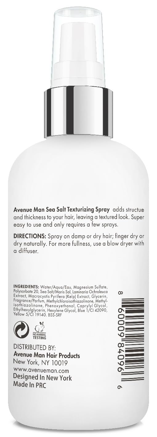 Avenue Man Sea Salt Spray for Men - Texturizing & Thickening Sea Salt Hair Spray for Men with Kelp and Brown Seaweed Extract - Paraben, Sulfate-Free - Add Volume and Texture Beach Hair Spray 6.76 Oz