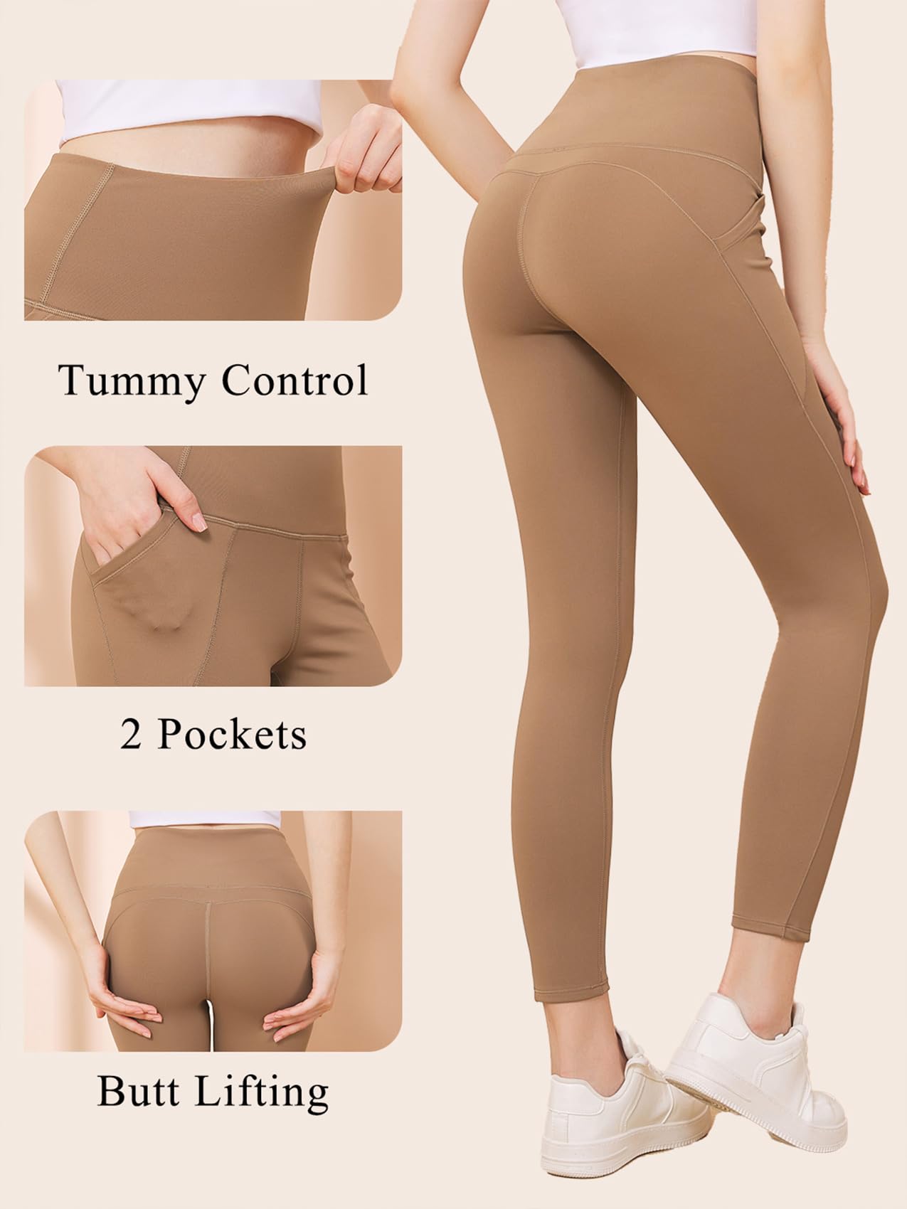 FelFory Fleece Lined Leggings Thermal Leggings for Women Tummy Control High Waisted Leggings for Women with Pockets Warm Leggings for Winter Tighs for Women Yoga Leggings Khaki Large