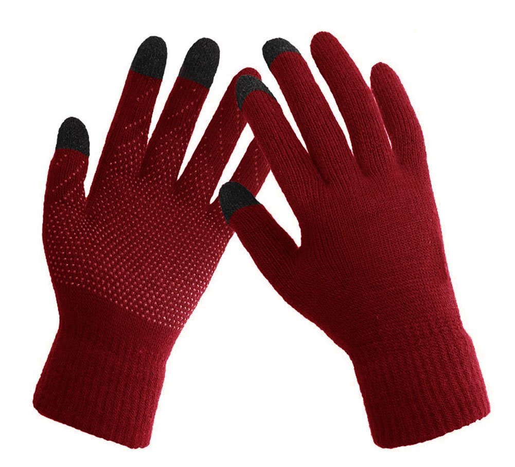 HINDAWI Winter Hat Gloves for Women Knit Warm Snow Ski Outdoor Caps Touch Screen Mittens Burgundy