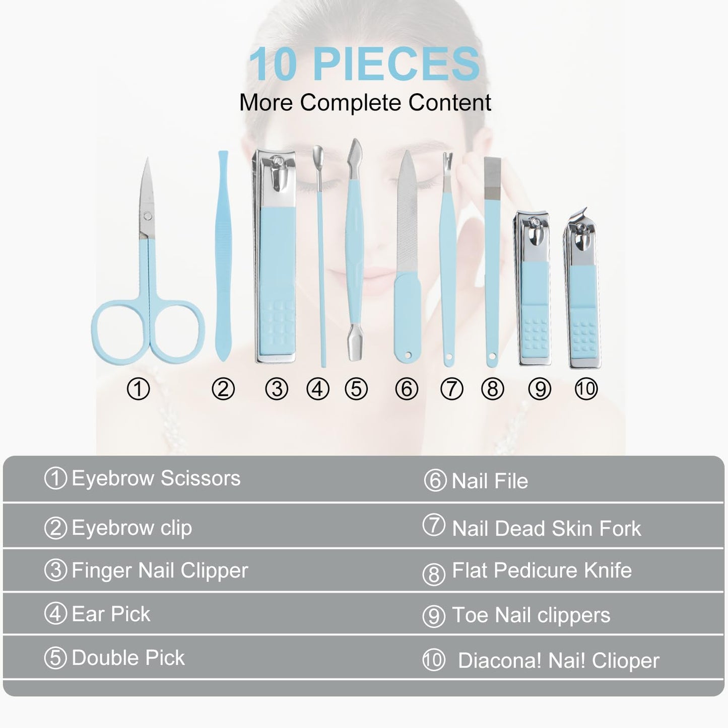 10 Piece Nail Kit, Manicure Kit, Nail Care Kit For Women, Manicure Pedicure Set, Nail Clippers Toenail Clippers Kit, Professional Manicure Kit Pedicure Kit, with Luxurious Travel Case - Light Blue