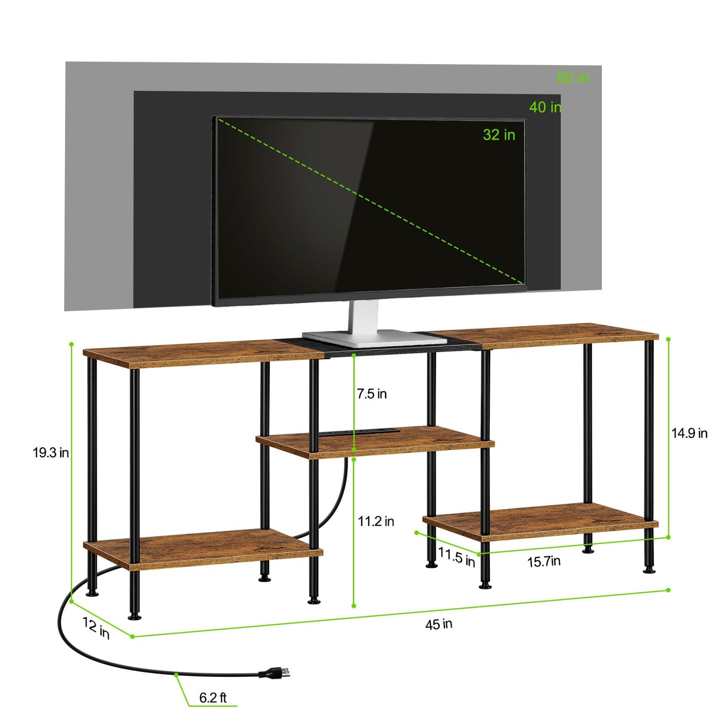 TV Stand for Bedroom 50 Inch TV Stand with Power Outlet 3 Tier Entertainment Center with Storage TV Console Table for 50 43 40 32 Inch TV, Rustic Brown