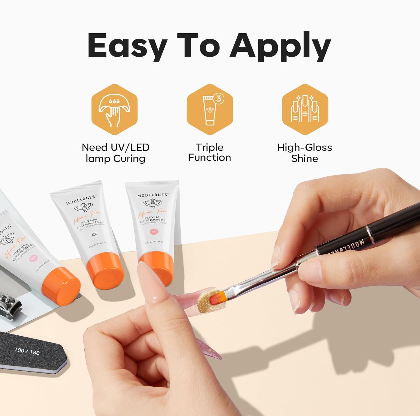 modelones Poly Nail Gel Kit, Hema-Free 60ML Sparkling Gold Gel Nail Enhancement Thickening Diamond Glossy Builder Overlays Home DIY Salon Use