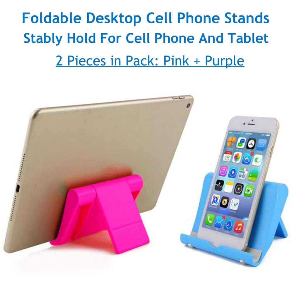 JUSDIQIR Cell Phone Stand for Desk 2 Pack Mobile Phone Holders Desktop Tablet Stand, Foldable Phone Dock Universal Adjustable Tablet Stand for Desk (Pink+Purple)