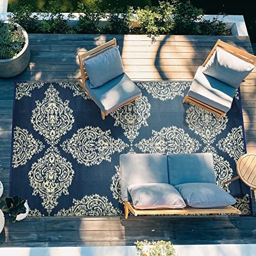 wikiwiki Outdoor Rug, 5x8ft Waterproof Reversible Mat Indoor Outdoor Rugs Carpet, Small Area Rug Plastic Straw Rug for Patio Deck Balcony Pool RV Camping Beach Picnic, Blue & Beige, Rugscape Series