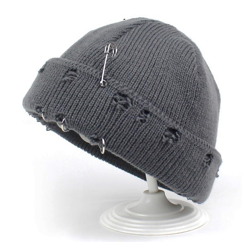 HeiDmai Distressed Ring Beanie Hat Unisex Fashion Hip-hop Slouchy Knitted Skull Caps (Grey)
