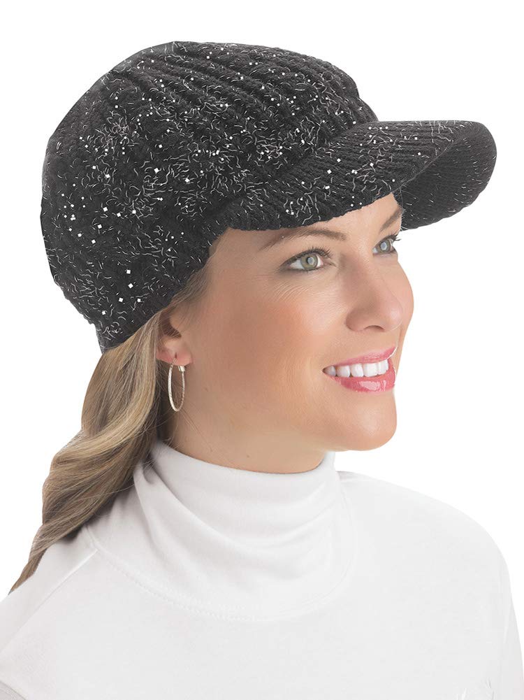 Collections Etc Lurex Cable Knit Beanie Hat with Visor Brim - Stylish Winter Accessories for Warmth, Black