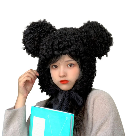Cute Fuzzy Bear Hat with Ear Flap Faux Fur Ushanka Windproof Warm Trapper Cap Winter Thermal Hat for Girls Women Black