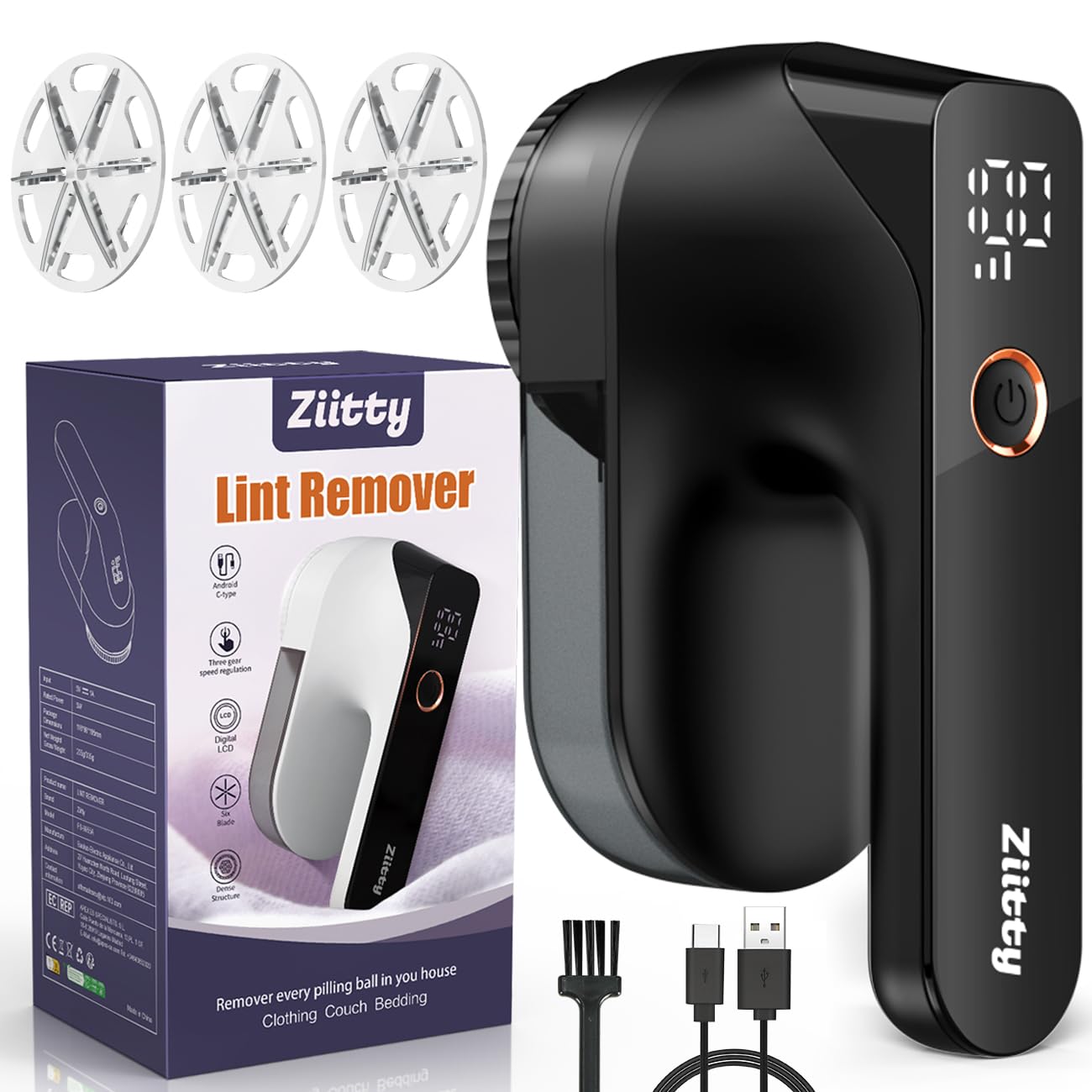 Fabric Shaver - Ziitty Lint Remover for Clothes, Sweater Defuzzer with LCD Display, 3-Speeds, 6-Blade, Type-C Rechargeable, Sweater Shaver to Remove Pilling Fuzz Lint Balls Pills for Clothes Furniture