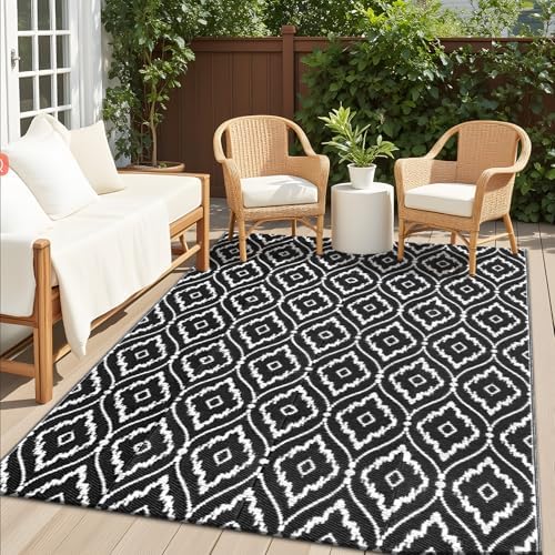 OLANLY Outdoor Rug 5x8 ft Waterproof, Outdoor Plastic Straw Rug with Geometric Pattern Clearance, Reversible RV Mat for Patio, Camping, Balcony, Deck, Backyard, Black & White