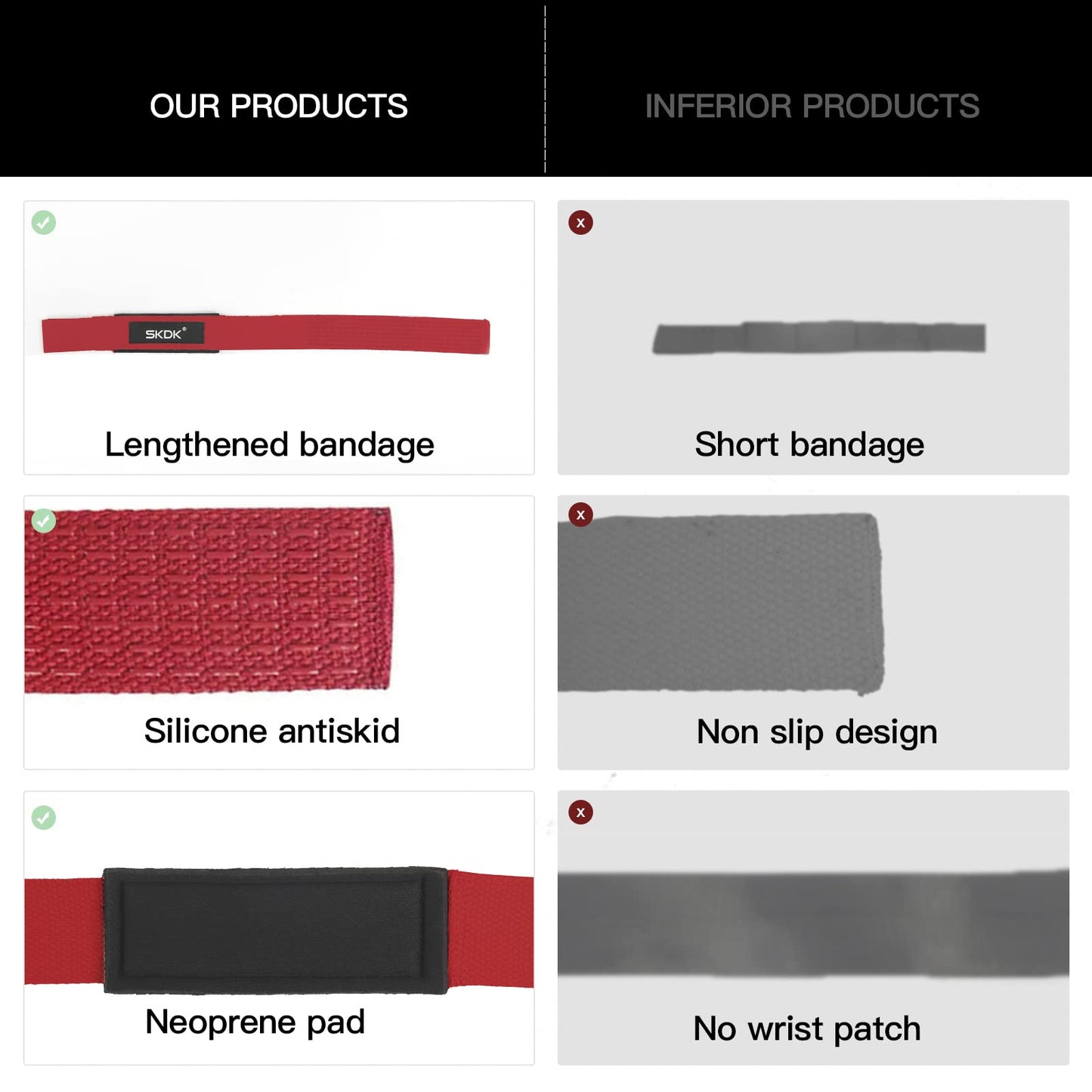 SKDK Cotton Hard Pull Wrist Lifting Straps Grips Band-Deadlift Straps with Neoprene Cushioned Wrist Padded and Anti-Skid Silicone - for Weightlifting, Bodybuilding, Xfit, Strength Training (Red)