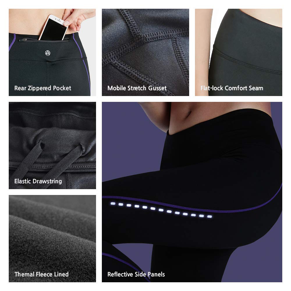 TSLA Women's Thermal Running Tights, High Waist Warm Fleece Lined Leggings, Winter Workout Yoga Pants with Pockets, Rear Zip Pocket Black & Purple, Small