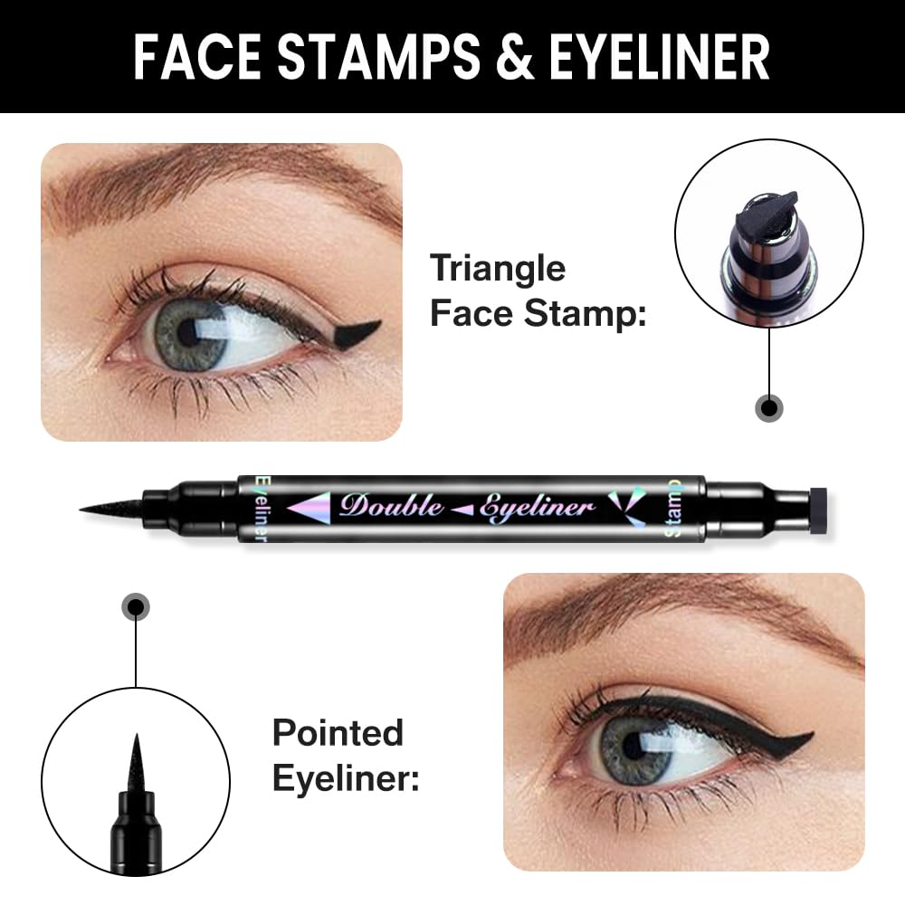 evpct 7Pcs Colored liquid Eye Liners Face Stamp Cosplay Gothic Makeup Set Kit for Beginners, Black Brown Purple Blue Red Pink Green Star Flowers Heart Moon Triangle Lightning Butterfly Stamps Eyeliner