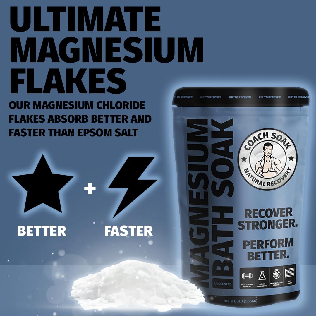 Coach Soak Recovery Bath Soak - Faster Absorption Than Epsom Salt for Pain - Rejuvenating Magnesium Flakes with 21 Minerals, Essential Oils & Bath Salts, 3lbs (Unscented)