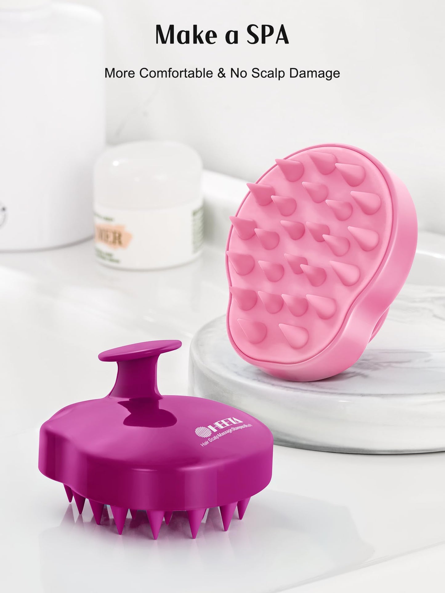 HEETA Hair Scalp Massager Shampoo Brush 2 Pack, Soft Silicone Bristles to Remove Dandruff, Waterproof Hair Scrubber for Both Wet Dry Hair, Suitable for Men & Women (Pink & Purple)