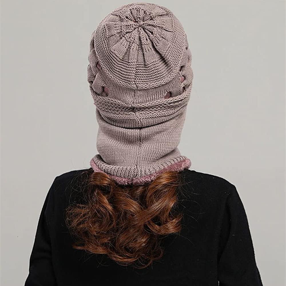 Womens Winter Warm Elastic Soft Ear Protection Knitted Scarf Mask hat Fleece Lined Beanie Hat one-Piece hat