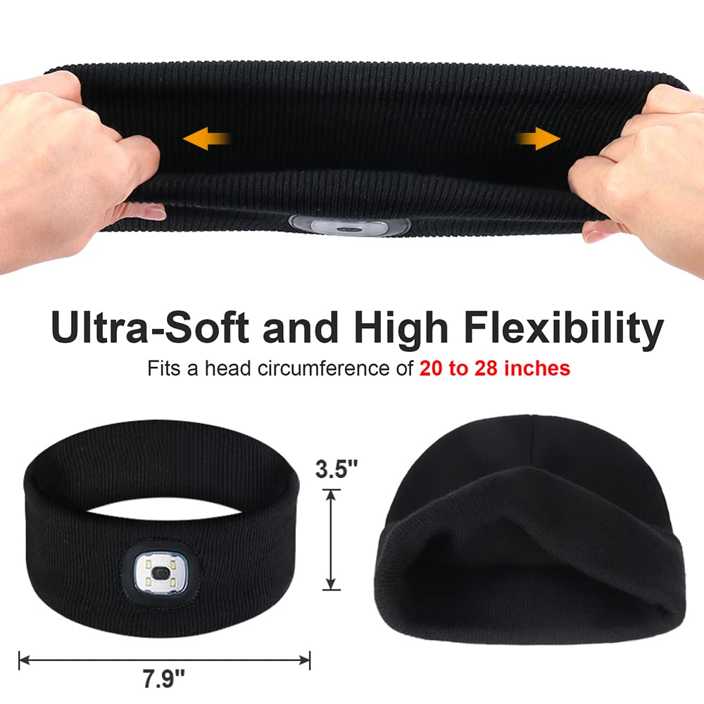 SUNPRO 2 Pack Sports Headband with LED Light, Beanie with Light, Unisex Knit Lighted Hat, USB Rechargeable Headlight Cap, Warm Winter Gifts for Men and Women BlackGrey