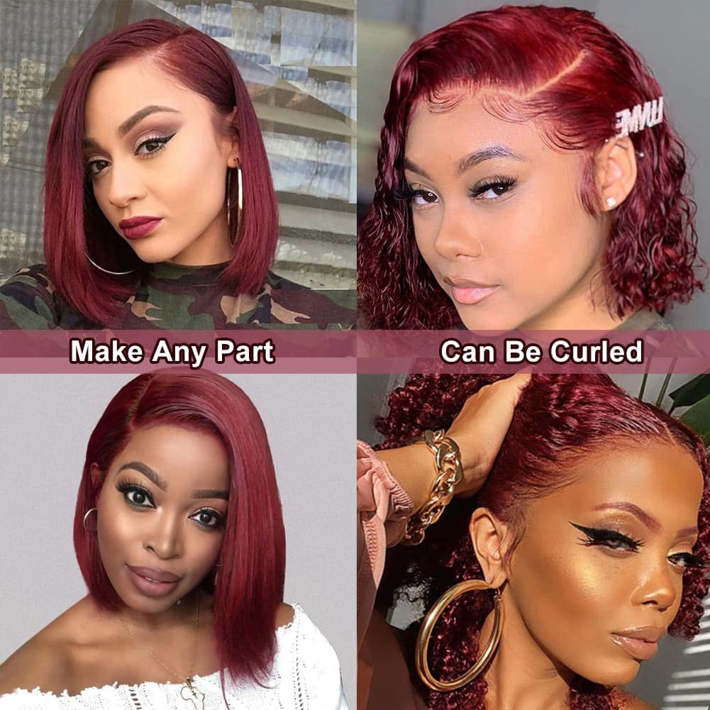 99J Burgundy Lace Front Wigs 13x4 HD Lace Frontal Glueless Straight Short Bob Wig Human Hair Bob Wigs for Black Women Human Hair Pre Plucked Natural Hairline Wine Red 12 Inch