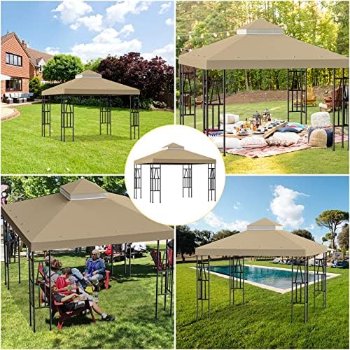 10'x10' Replacement Canopy Top Cover Only for Gazebo, Double Tiered Gazebo Covers for Outdoor Patio Garden Canopy Upgraded 2025 (Khaki)