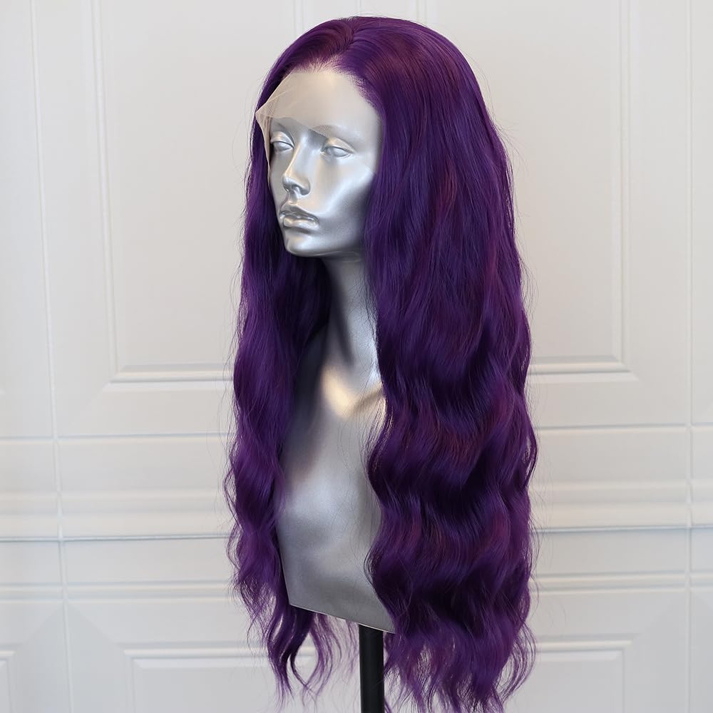 ELESTY Long Wavy Purple Synthetic Lace Front Wigs for Women Free Part Dark Purple Glueless Wig 24 inch Natural Curly Synthetic Wig Heat Resistant Fiber Hair Wigs for Daily Party Use