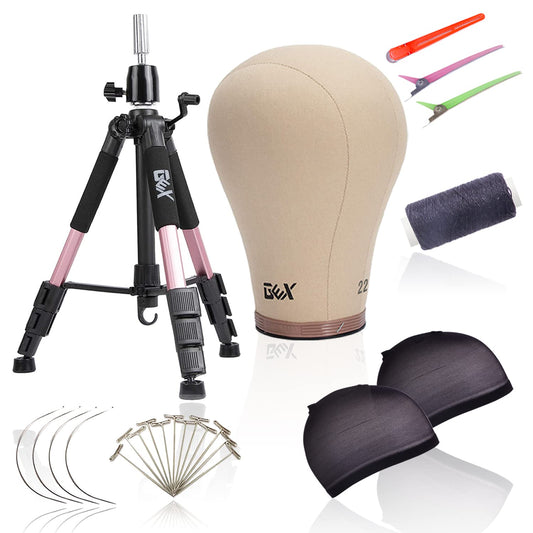 GEX 23" Canvas Cork Wig Head with 55" Mannequin Tripod For Wig Making Cosmetology Hairdressing Display Training Doll Head Adjustable Alloy Stand