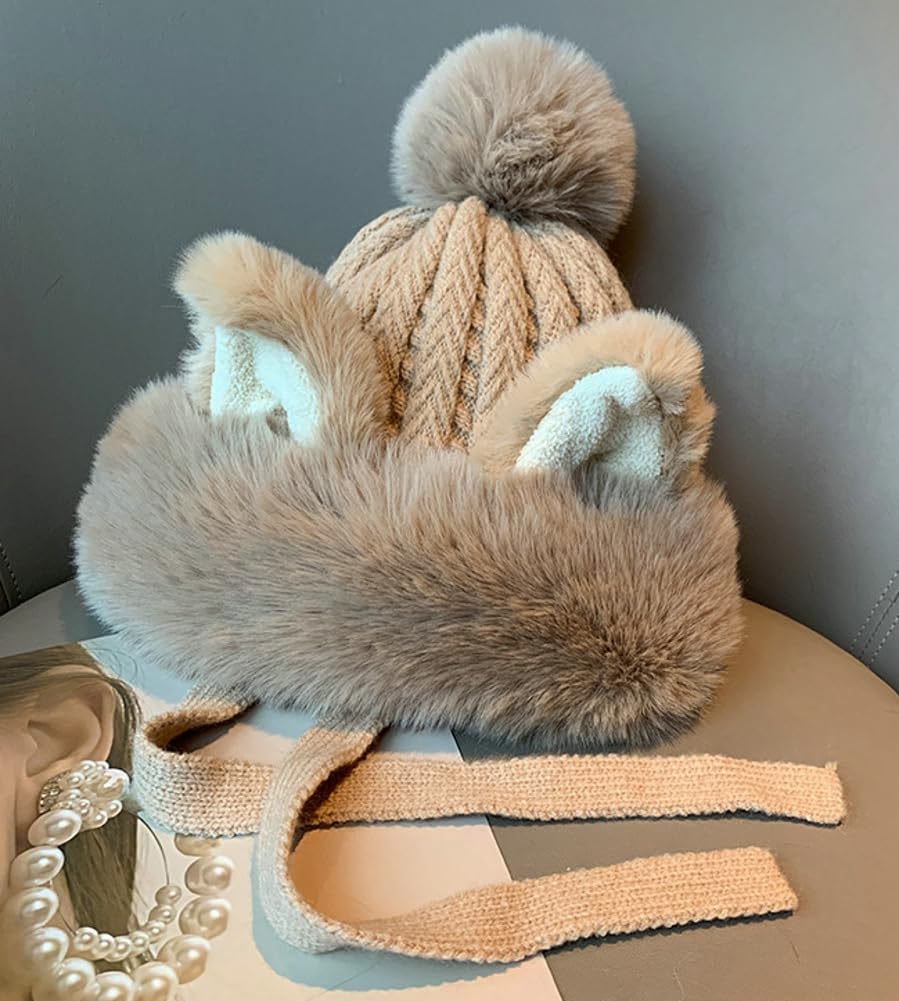 Women Cute Fox Ears Hats Furry Warm Knitted Trapper Hat Beanies Slouchy Crochet Hat Winter Cap Khaki
